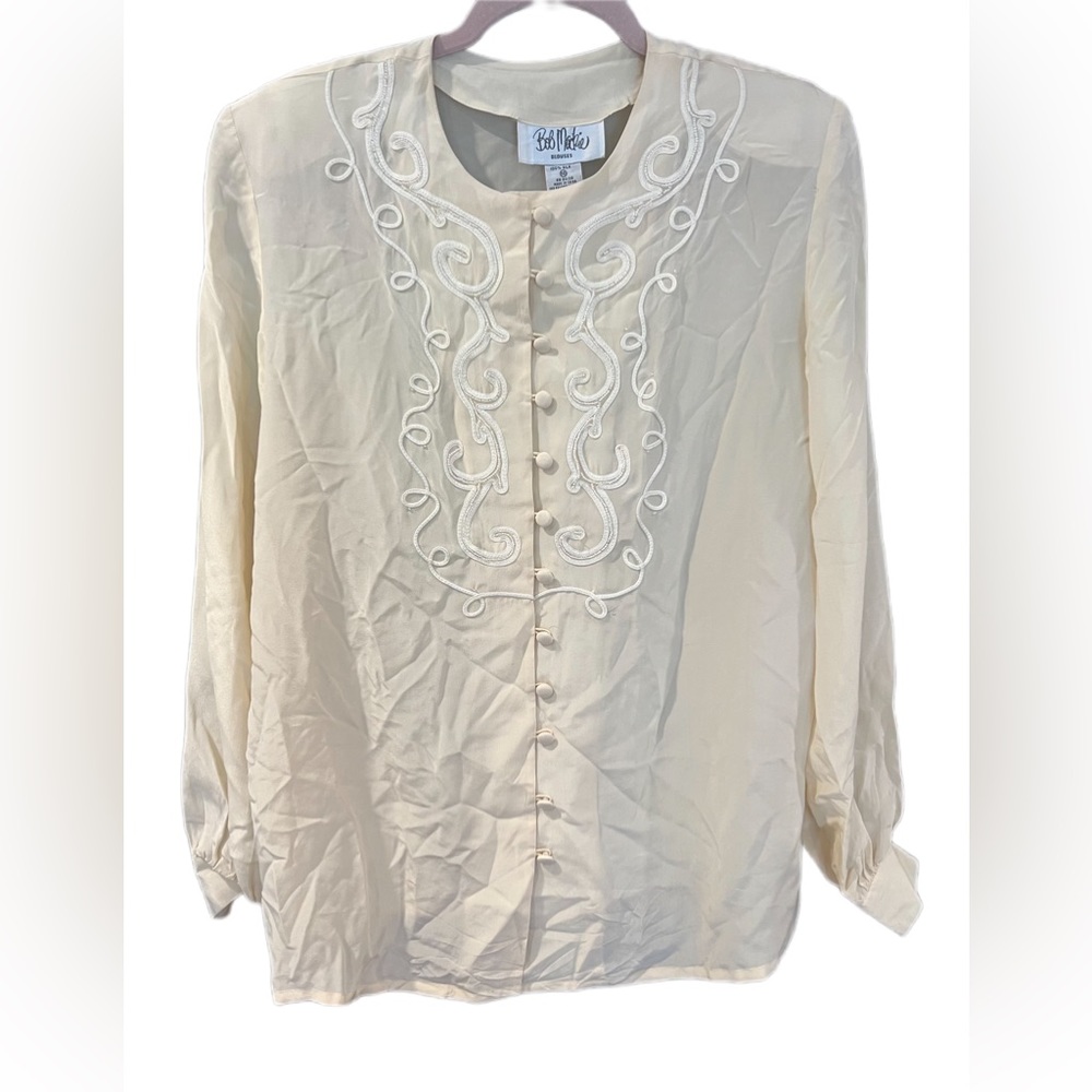 Vintage 80’s Bob Mackie 100% Silk Appliqué Button Front Blouse Cream. Size 10.